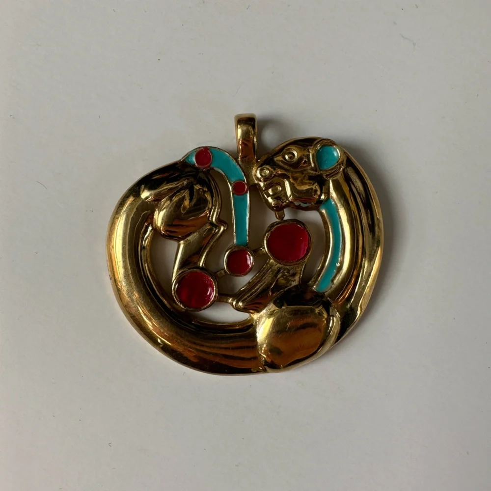 Rare Collective Scythian Gold Panther Pendant with Red and Turquoise Accents
